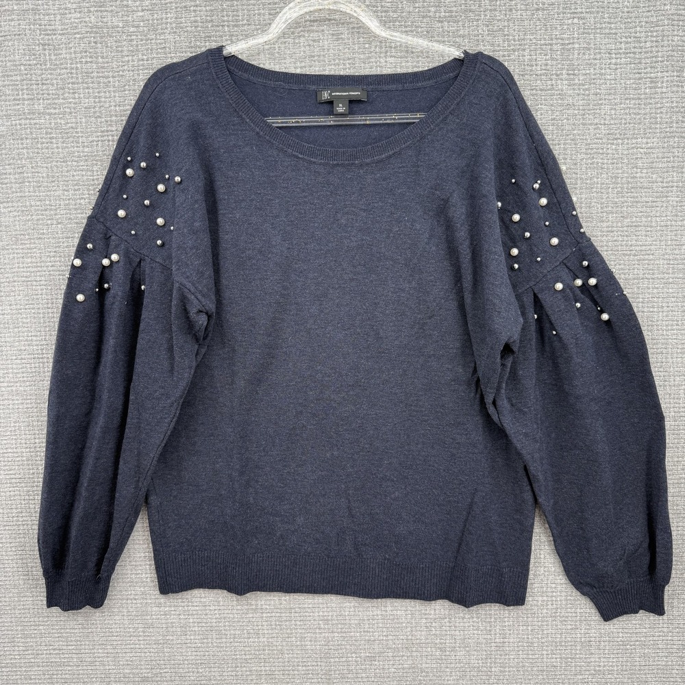 INC International Sweater Womens XL Gray Pearl Beaded Balloon Sleeves Y2K Fairy